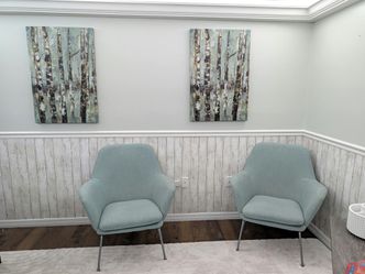 Pair of seafoam green  chairs and canvas wall art