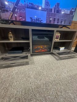 Walker Edison Abilene 70 in. Grey Wash TV Stand with Electric Fireplace and heater