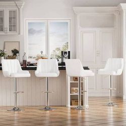 Metal Bar Stools (Set of 4) Adjustable Swivel Counter Stools with Back, White Faux Leather Bar Chairs for Kitchen Island