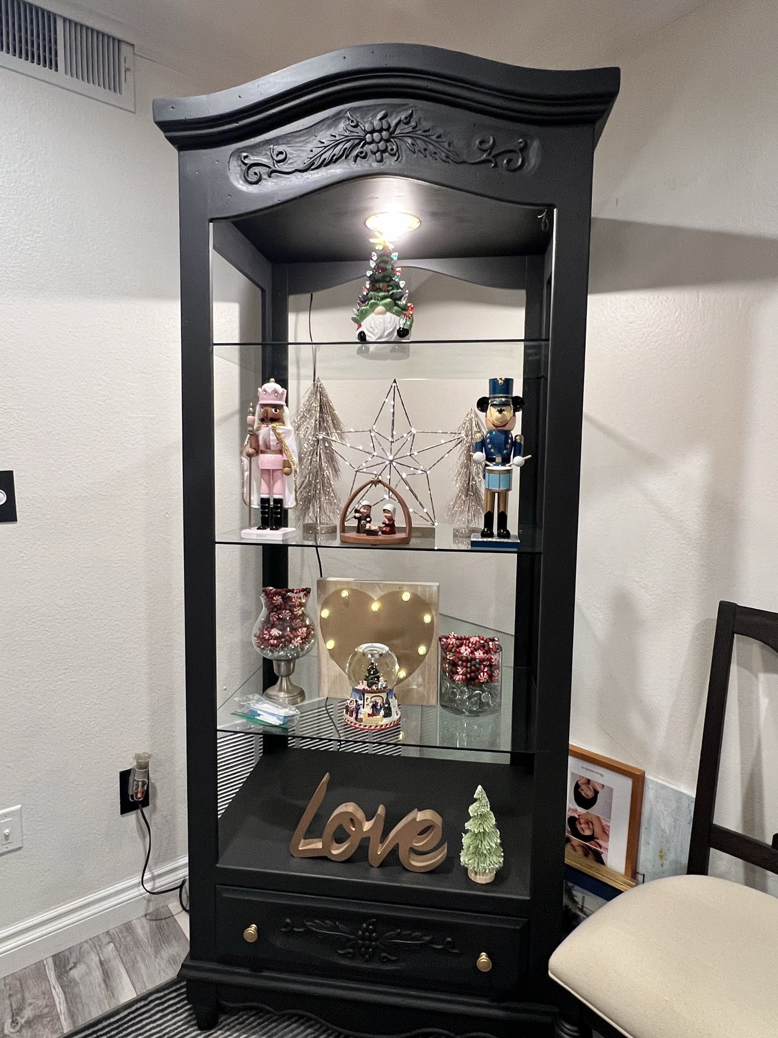 Grey Display Cabinet (Lighted) W/ Glass Shelves