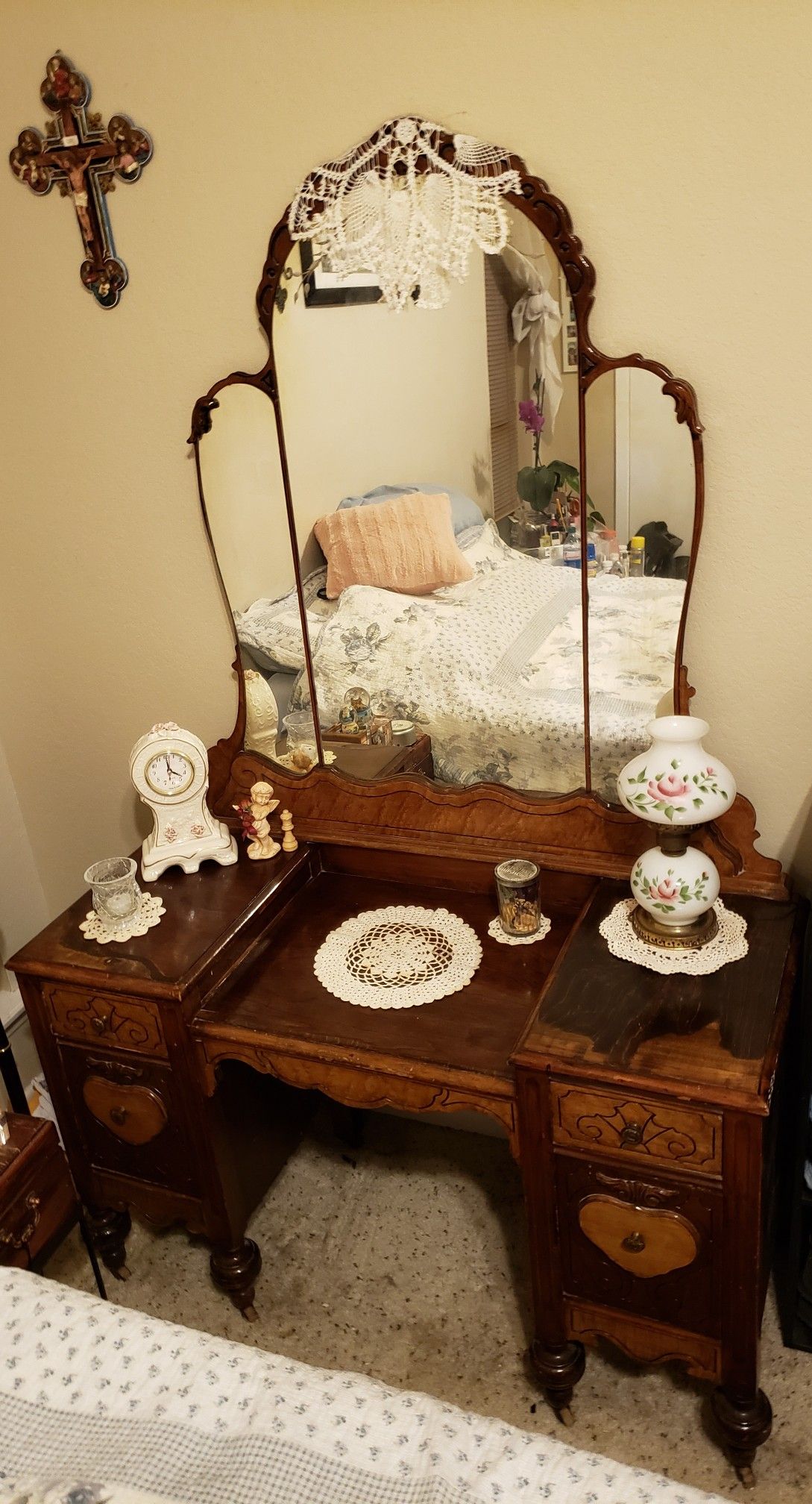 Antique Dresser/Mirror, very old. In excellent shape, original hardware and wooden rollers on feet.