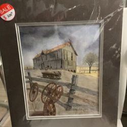 signed watercolor painting of a rustic barn scene by Cynthia Schroeder