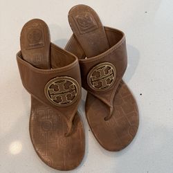 Tory Burch Brown Leather Miller Thong Sandals Gold Logo