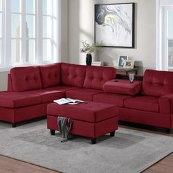 Heights Red Velvet Reversible Sectional with Storage Ottoman

