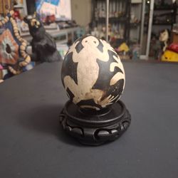 Handmade Peruvian Chulucanas Hand-painted Clay Pottery Egg On Wood Stand- Reptile Pattern, Peruvian Folk Art 4.5"H