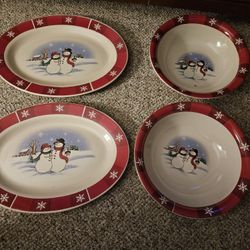 Christmas Red White Snowman Platters And Bowls