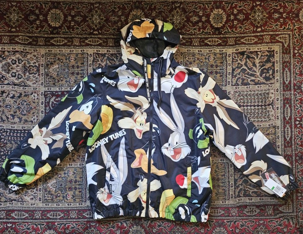 Looney Tunes Windbreaker Rain Hooded Jacket Large New