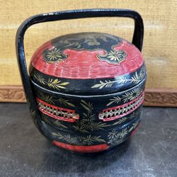 JAPANESE RED AND BLACK LACQUER WICKER TWO-TIER PICNIC BASKET 1960’s