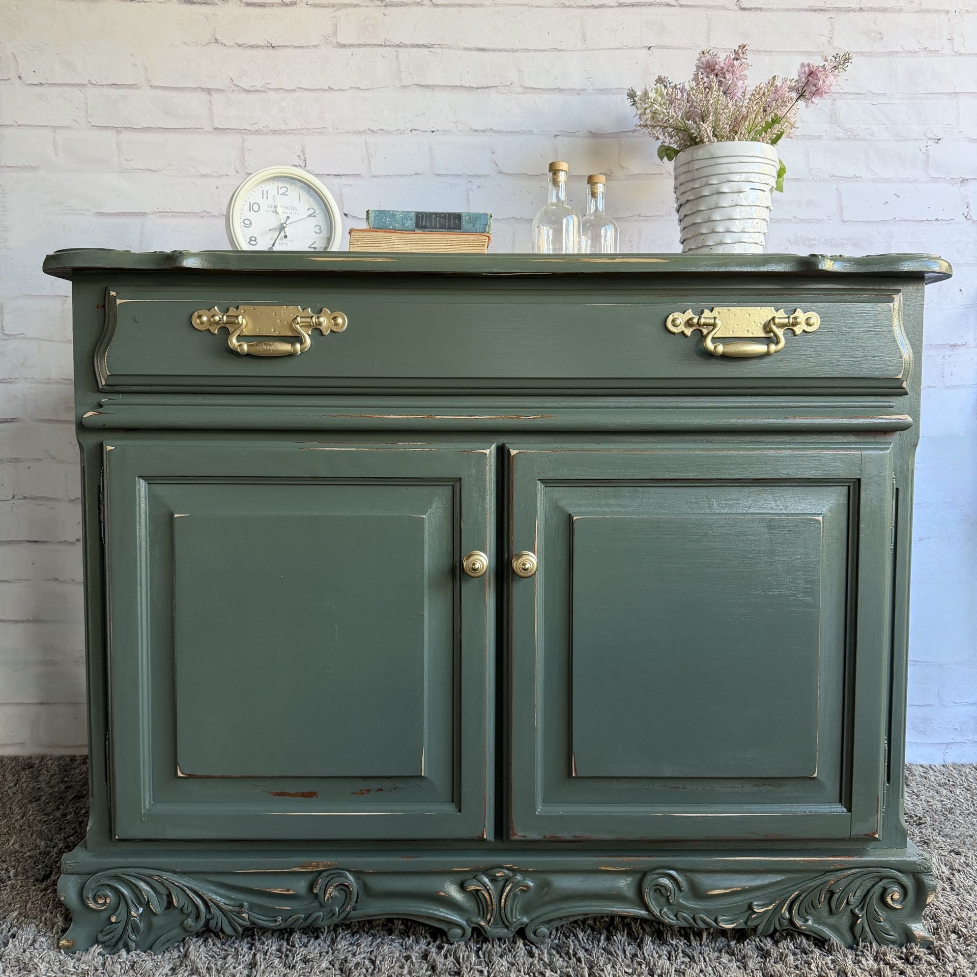 Awesome Shabby Distressed Solid Wood Heavy Cabinet Drawer Shelf Side Table End Table Credenza Buffet