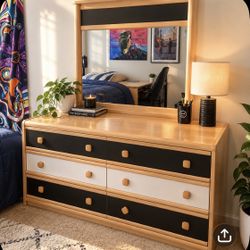 Modern Light Wood Bedroom Set: Dresser with Mirror and Storage Loft Bed 