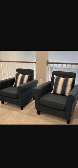 Pair of Navy Blue Upholstered Accent Chairs + Pillows