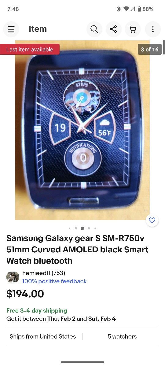 SAMSUNG Galaxy Gear S Smart Watch SM-SM-R750T T-mobile Curved Super  AMOLED/BLACK for Sale in Los Angeles, CA - OfferUp