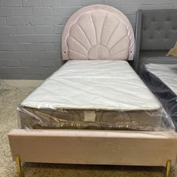 Velvet Twin Bed With LED And Mattress