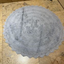  World Market Round Cotton Bath Rug Grey/Blue Crocheted Edge Boho Bathroom Mat