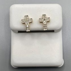 Gold With Diamond Jesus Cross Shaped Earrings 0.06CTW