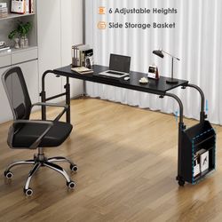 Bar Table Overbed Table with Wheels, Adjustable Height/Width, Rolling Laptop Cart with Tilt Stand & Side Storage Basket