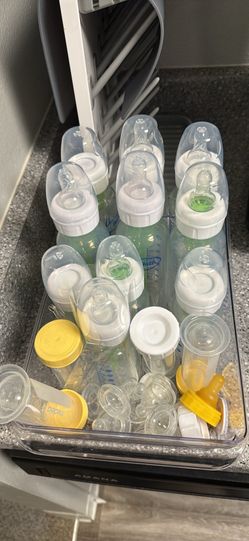 Baby bottles and bottle drying rack