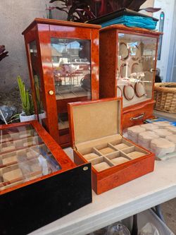Burlwood Watch and Jewelry Box Set