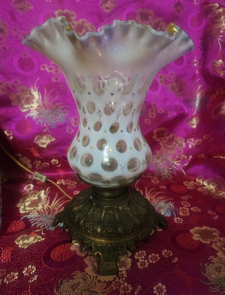 Antique Fenton French Opalescent Coin Dot Charleton Lamp