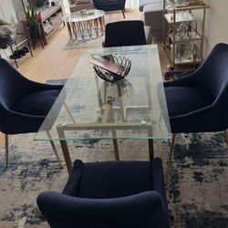 Modern Glass Dining Table Set – Gold Base + 4 Navy Velvet Chairs