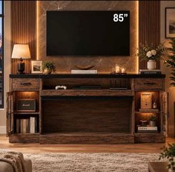70" TV Stand for TVs Up to 85", Farmhouse Storage Cabinets & Adjustable Shelves, Rustic Oak