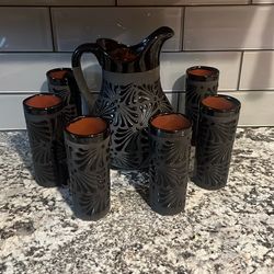 Jarra De Barro Con 6 Vasos Color Negro Con Grid