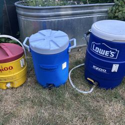 Three water jugs, the yellow and the smaller blue one are $25 each and the larger 12 gallon one is $40. I take cash or Venmo, meet in person somewhere