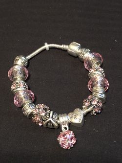 Women sterling silver plated pink bead love charm bracelet 7/1/2 inch no refunds