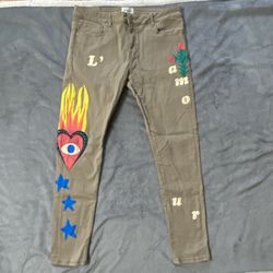 38W 33L Mens Lifted Anchor Khaki Hand Painted Flame L’Amor Denim Pants