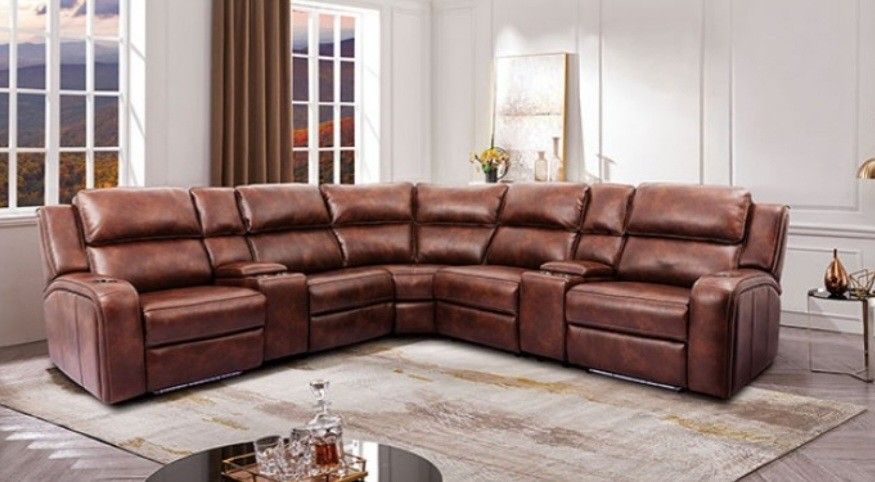 Brand New Brown Faux Leather Power Sectional Sofa w/Cup Holders & USB Port
