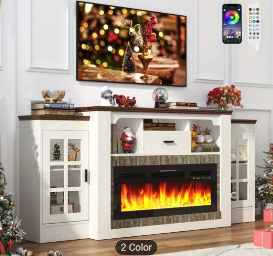 Brand New In Box Tv Stand With Fireplace And Mantle, Color Changing Bed And Flame Adjustable Brightness/ Outlet And Storage Cabinets 