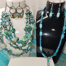 #2099, STUNNIG  TURQUOISE & BLUE SHELL PEARLS DEMI PARURE  2 SETS
