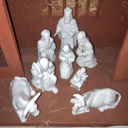 Vintage Fitz And Floyd Milk Glass 8pc Nativity Set