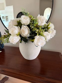 White Textured Ceramic Vase with Faux Florals