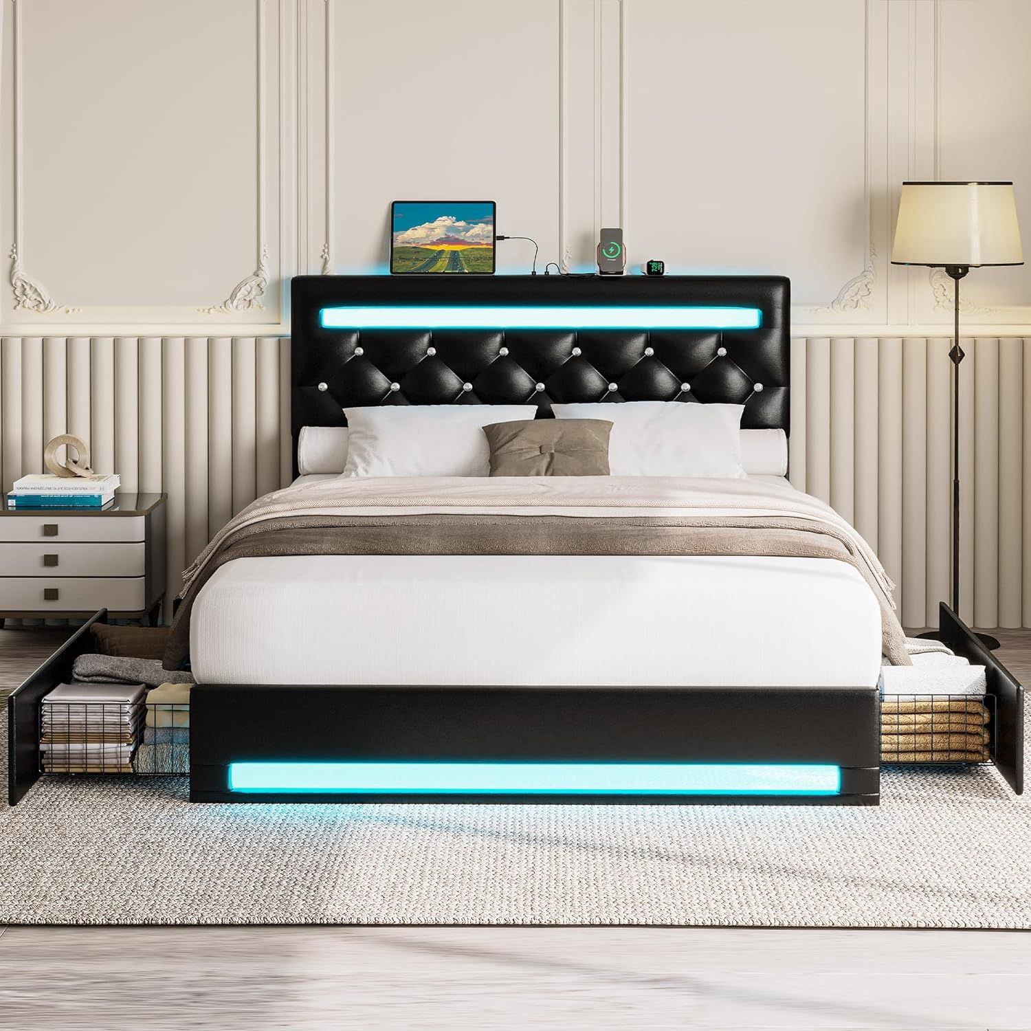 Full Bed Frame With Led Lights And 4storage Drawers