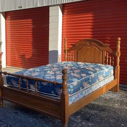 Real Wood Queen Size Bed: Headboard, Footboard, Rails, Mattress And Boxspring. Delivery Available 