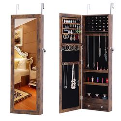 Full-Length Mirror Jewelry Cabinet, Jewelry Armoire Wall Mounted Over The Door Hanging, Lockable