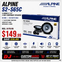 Alpine S Series Car Speakers 6 1/2 Inch Component Speaker System 240 Watts S2-S65C 🚨 Payment Options Available 🚨 No Credit Needed 🚨