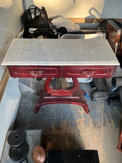 Marble Top Console Table with Carved Wood Base
