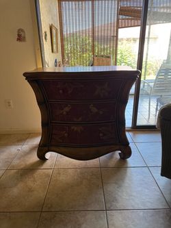 3-Drawer Wood Chest with Carved Bird Detail