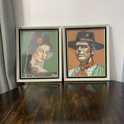 Vintage set of 2 Framed Paint  Man /Woman  hand painted