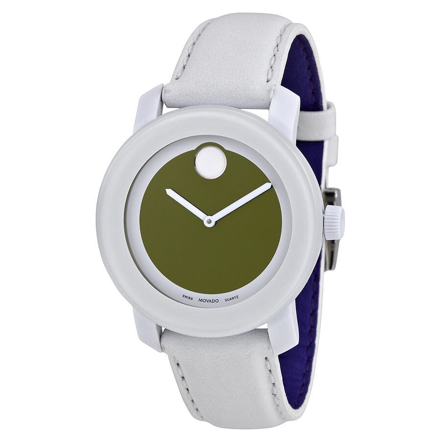 MOVADO BOLD GREEN DIAL WHITE LEATHER STRAP LADIES