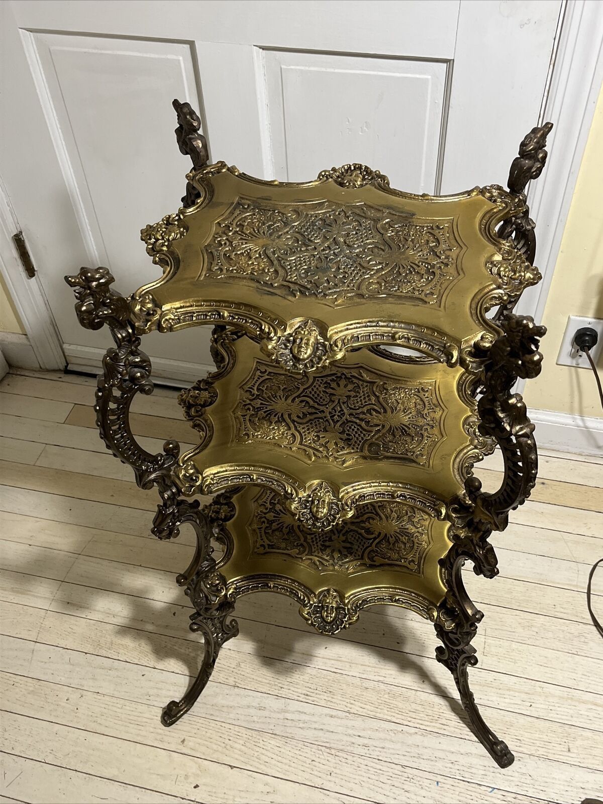 RARE Antique Victorian Cast Iron Brass Bronze Side Table Dragons Northwind Faces