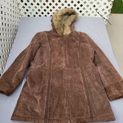 Wilsons Leather Hooded Coat Faux Fur Trim Sherpa Lined Full Zip Brown Size Large