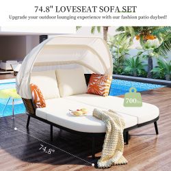 TOPMAX 74.8 L Patio Daybed with Retractable Canopy, Outdoor Rattan PE Wicker Back Loveseat Sofa Set with Throw Pillows and Cushions for Backyard, Pool