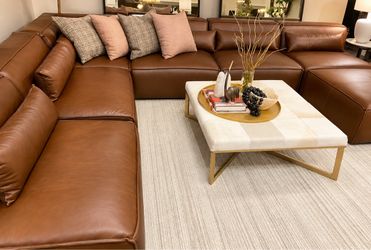 Brown Leather L-Shaped Sectional Sofa