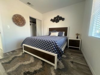 Walnut/White Farmhouse Bed + Night Stand Set
