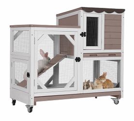 Air7013 2-Story Wooden Rabbit Hutch AIR7013, Rabbit House on Wheels - Mocca