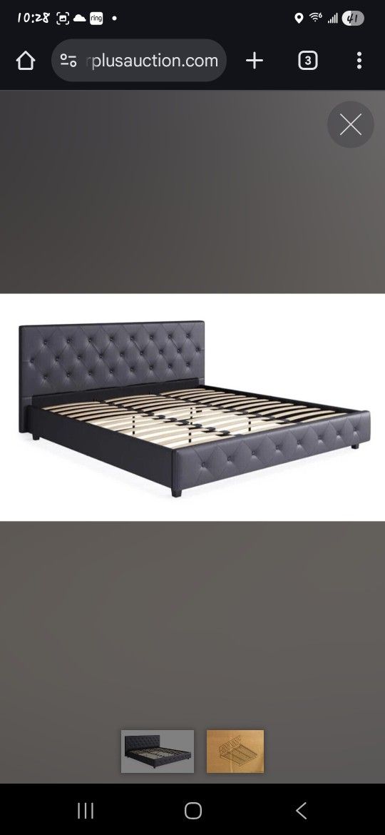 Upholstered Platform Bed, King, Gray Faux Leather  New In Box