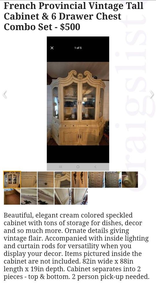 Large Cream Vintage Elegant Scroll Wood China Cabinet  & Drawer Chest Combo Set!